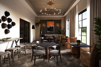 a rendering of a restaurant with a large lounge area with tables and chairs at Madison Prickett Preserve, Yardley, PA